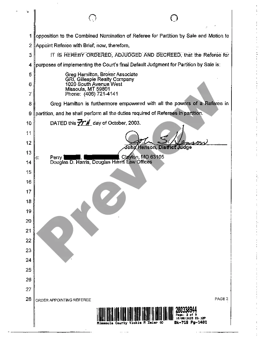 Preview A01 Order Appointing Referee to Implement Default Judgment for Partition by Sale