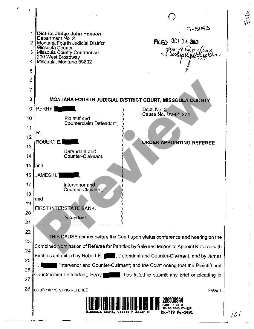 Preview A01 Order Appointing Referee to Implement Default Judgment for Partition by Sale