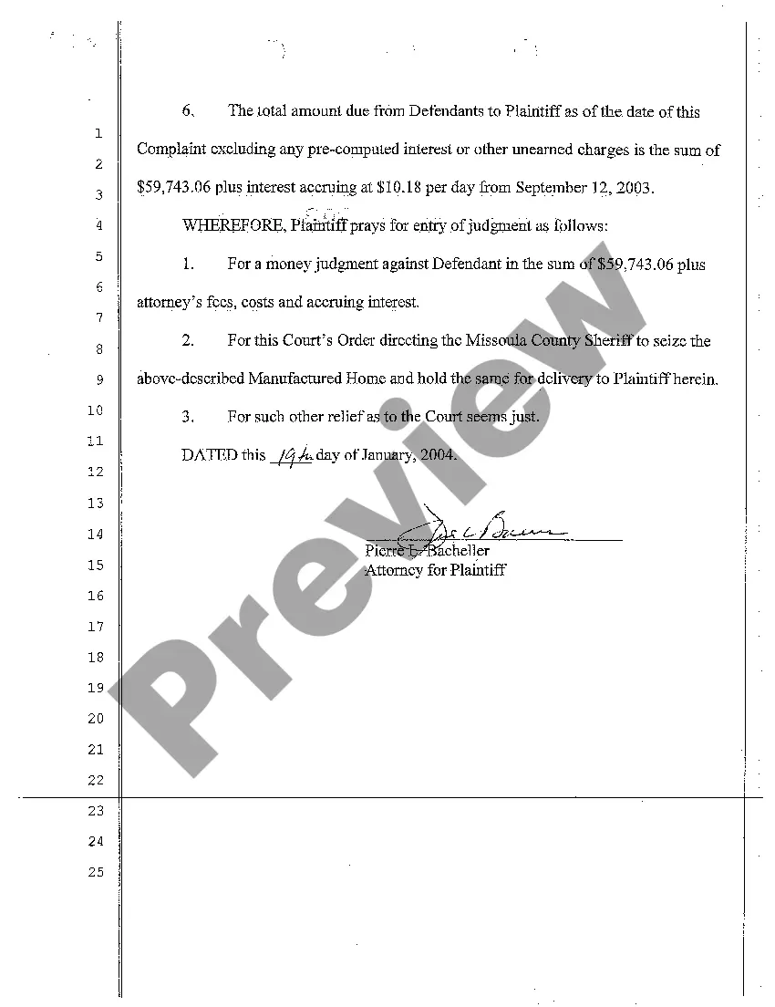Get A01 Complaint for Repossession of Mobile Home Due to Defendant's Defaulted Payments Preview A01 Complaint for Repossession of Mobile Home Due to Defendant's Defaulted Payments