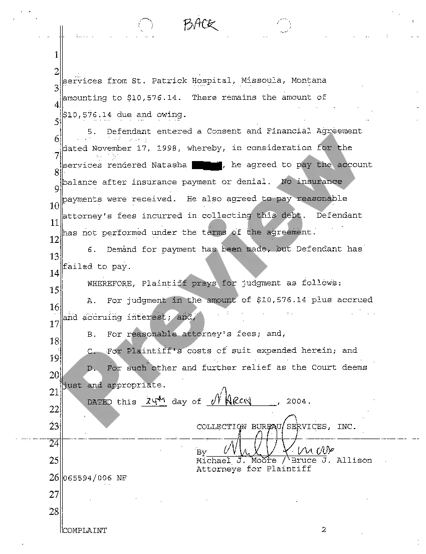 Preview A01 Complaint for Collection of Fees for Medical Services Rendered