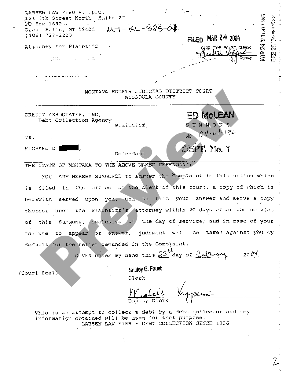 Montana Summons of Defendant | US Legal Forms