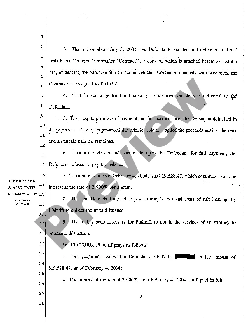 Preview A01 Complaint for Breach of Financing Contract on Automobile