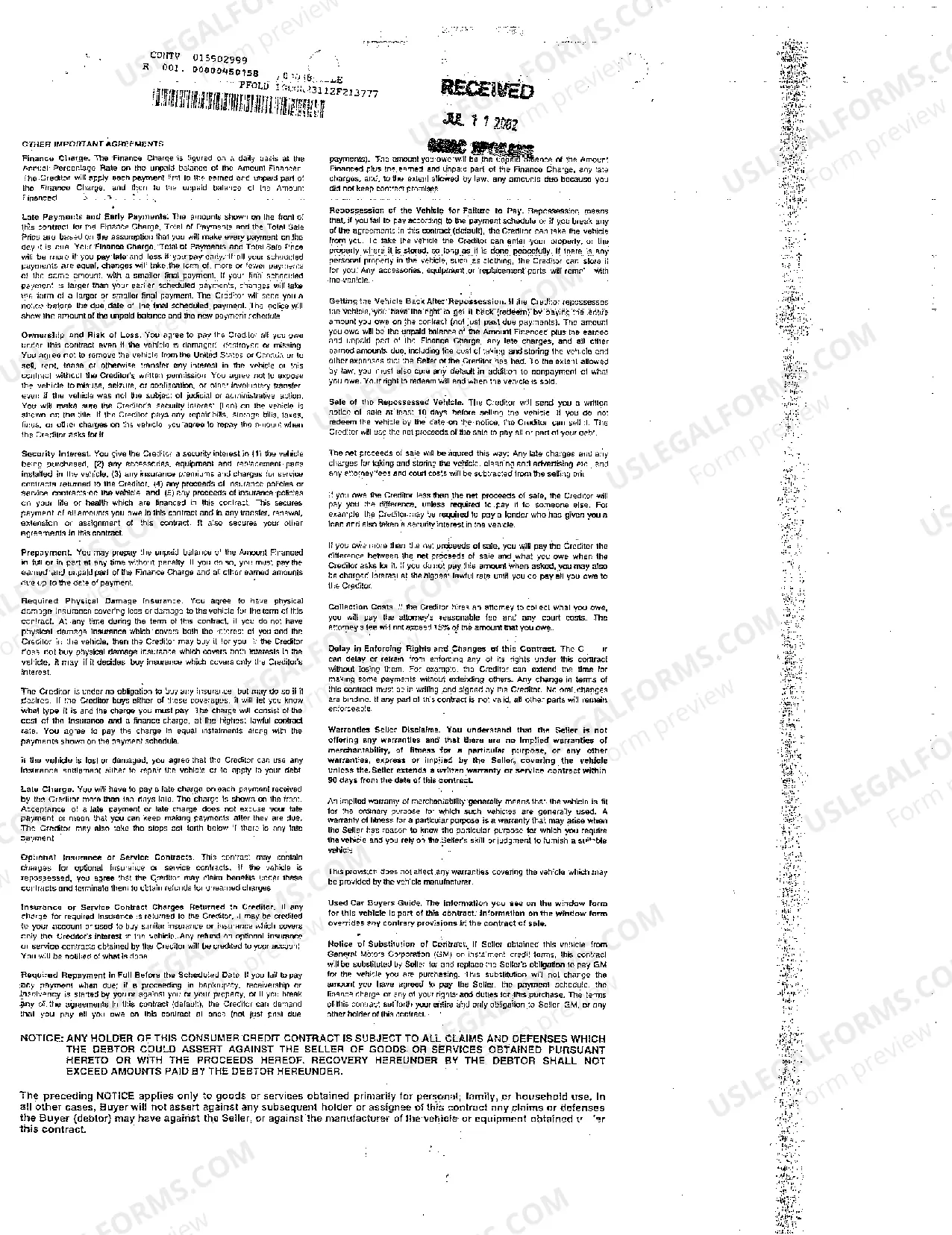 Preview A02 Retail Installment Sale Contract