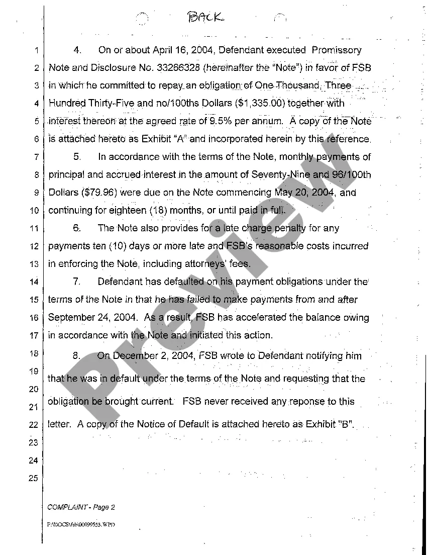 Get A01 Complaint for Breach of Promissory Note Preview A01 Complaint for Breach of Promissory Note