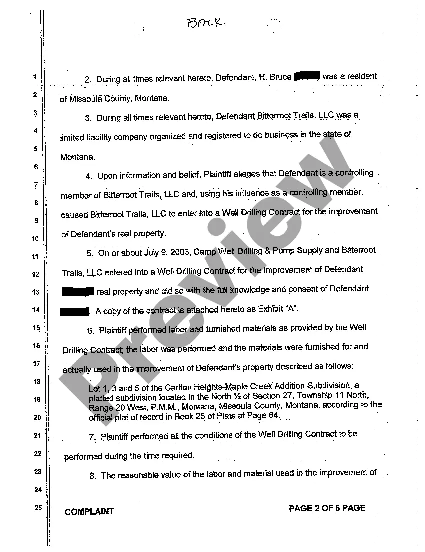 Preview A01 Complaint for Breach of Well Drilling Contract Resulting in Construction Lien