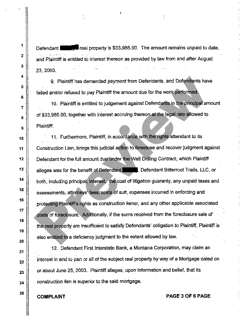 Preview A01 Complaint for Breach of Well Drilling Contract Resulting in Construction Lien