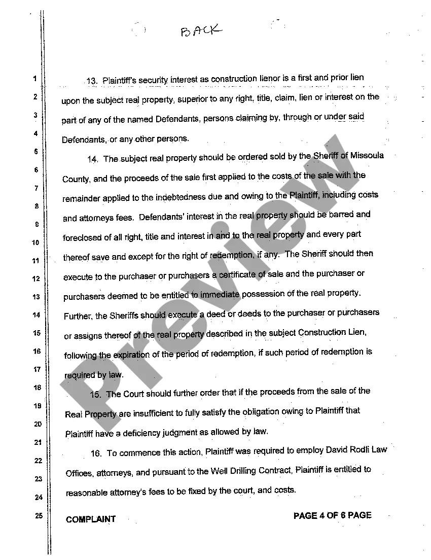 Preview A01 Complaint for Breach of Well Drilling Contract Resulting in Construction Lien