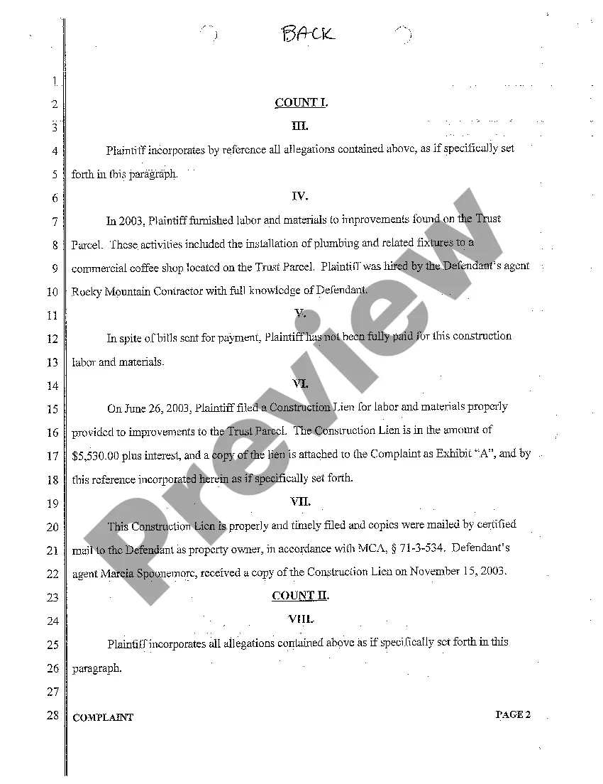 Preview A01 Complaint for Breach of Plumbing Installation Contract Resulting in Construction Lien