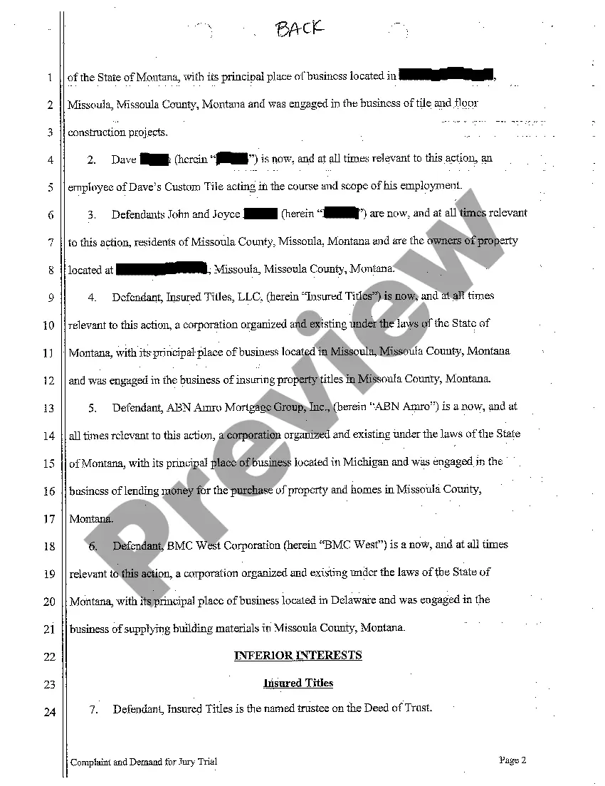 Preview A01 Complaint for Breach of Floor Tile Contract Resulting in Construction Lien