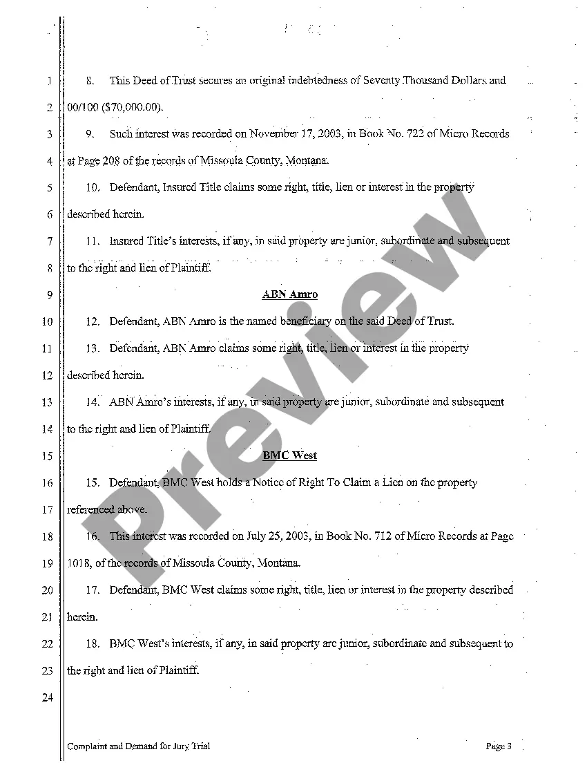 Preview A01 Complaint for Breach of Floor Tile Contract Resulting in Construction Lien