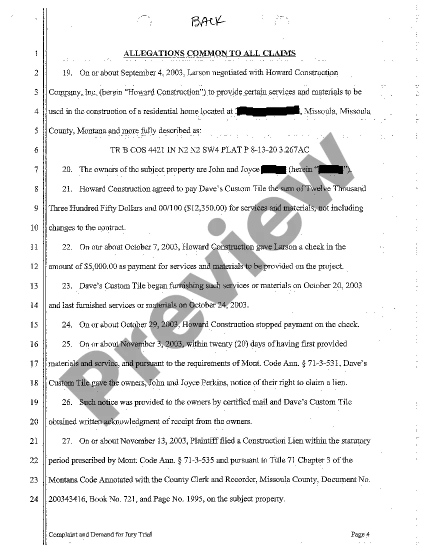 Preview A01 Complaint for Breach of Floor Tile Contract Resulting in Construction Lien