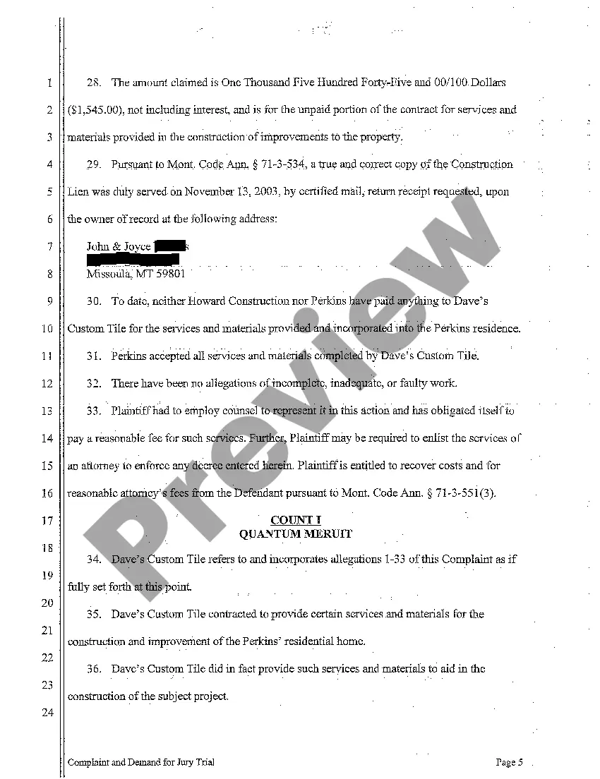 Preview A01 Complaint for Breach of Floor Tile Contract Resulting in Construction Lien