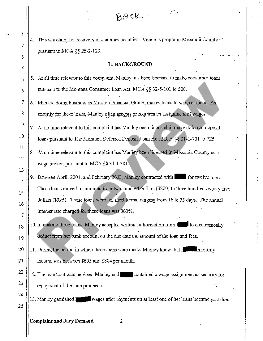 Preview A01 Complaint for Penalty Fines Against Licensed Consumer Loan Business Making Deferred Deposit Loans Without License