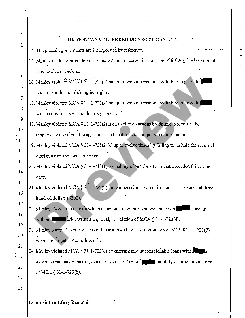 Preview A01 Complaint for Penalty Fines Against Licensed Consumer Loan Business Making Deferred Deposit Loans Without License