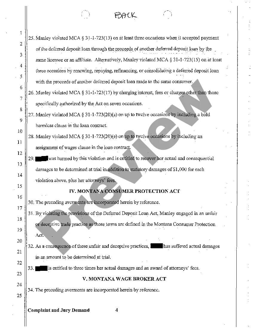 Preview A01 Complaint for Penalty Fines Against Licensed Consumer Loan Business Making Deferred Deposit Loans Without License