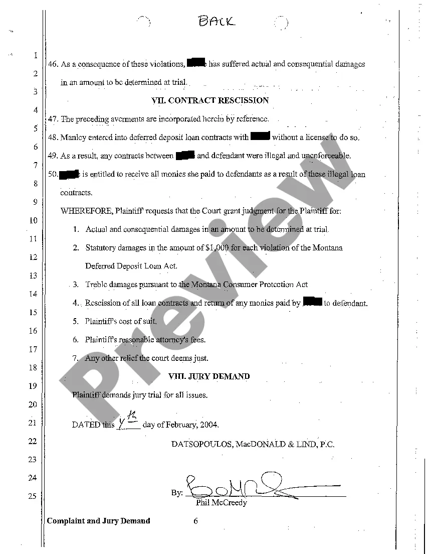Preview A01 Complaint for Penalty Fines Against Licensed Consumer Loan Business Making Deferred Deposit Loans Without License