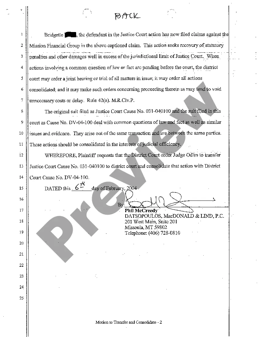 Preview A03 Motion to Transfer and Consolidate Pending Justice Court Action