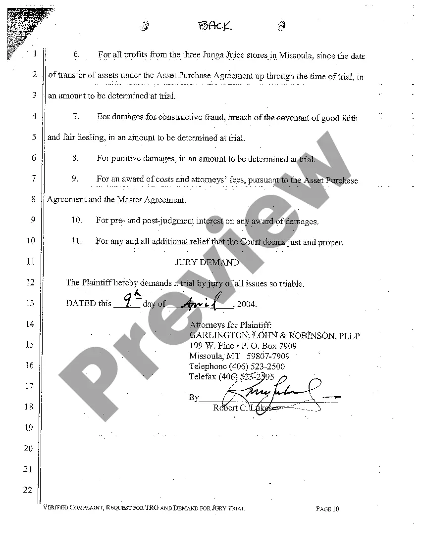 Get A01 Verified Complaint for Breach of Asset Purchase Agreement and Franchise Agreement Preview A01 Verified Complaint for Breach of Asset Purchase Agreement and Franchise Agreement
