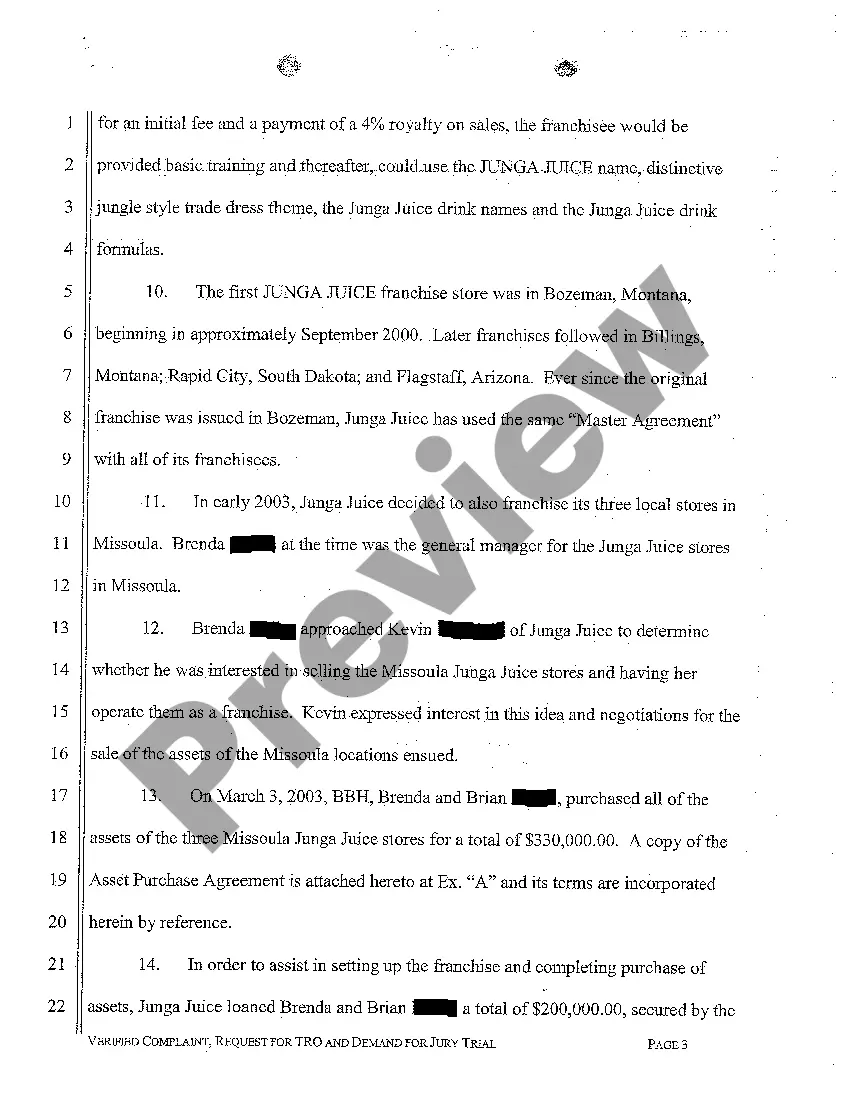 Get A01 Verified Complaint for Breach of Asset Purchase Agreement and Franchise Agreement Preview A01 Verified Complaint for Breach of Asset Purchase Agreement and Franchise Agreement