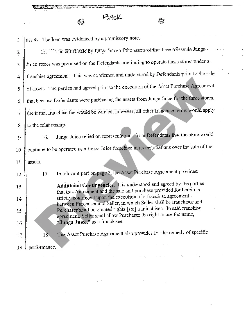 Get A01 Verified Complaint for Breach of Asset Purchase Agreement and Franchise Agreement Preview A01 Verified Complaint for Breach of Asset Purchase Agreement and Franchise Agreement