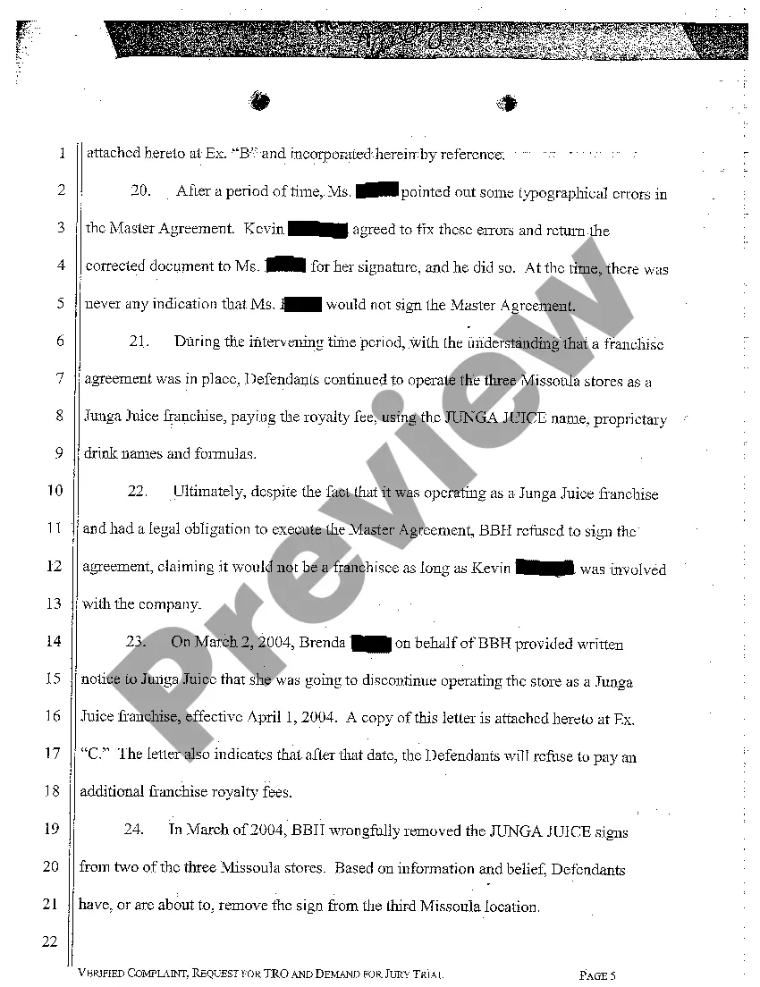 Get A01 Verified Complaint for Breach of Asset Purchase Agreement and Franchise Agreement Preview A01 Verified Complaint for Breach of Asset Purchase Agreement and Franchise Agreement