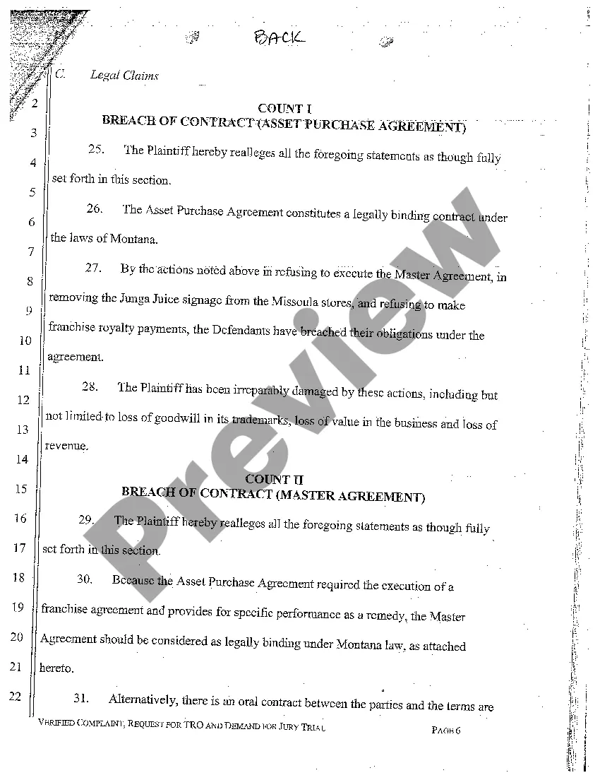 Get A01 Verified Complaint for Breach of Asset Purchase Agreement and Franchise Agreement Preview A01 Verified Complaint for Breach of Asset Purchase Agreement and Franchise Agreement