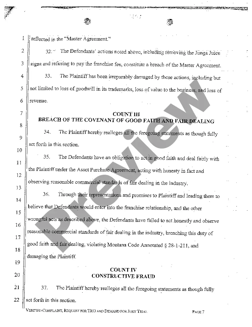 Get A01 Verified Complaint for Breach of Asset Purchase Agreement and Franchise Agreement Preview A01 Verified Complaint for Breach of Asset Purchase Agreement and Franchise Agreement