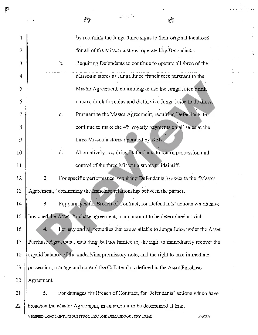 Get A01 Verified Complaint for Breach of Asset Purchase Agreement and Franchise Agreement Preview A01 Verified Complaint for Breach of Asset Purchase Agreement and Franchise Agreement