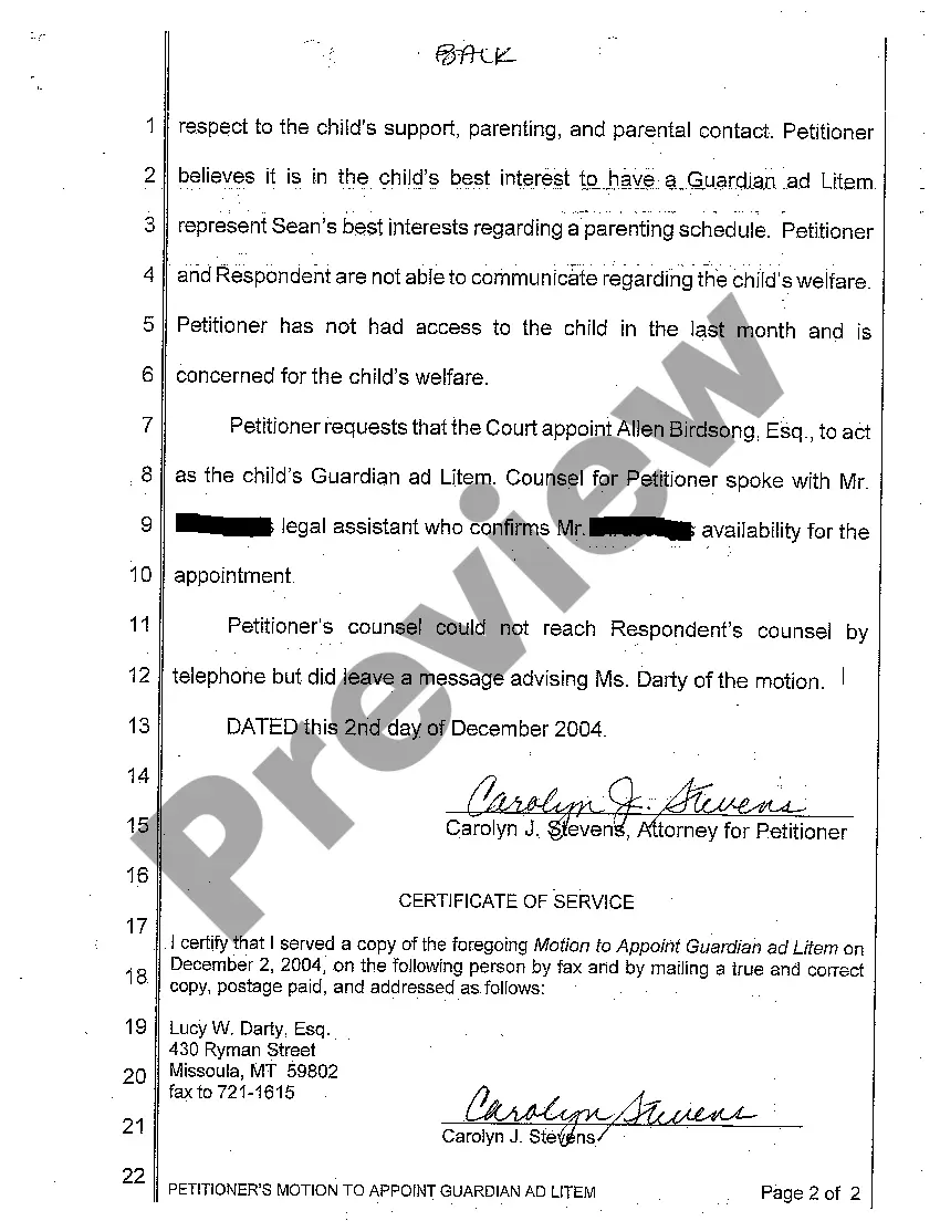 Get A01 Petitioner's Motion to Appoint Guardian Ad Litem Preview A01 Petitioner's Motion to Appoint Guardian Ad Litem