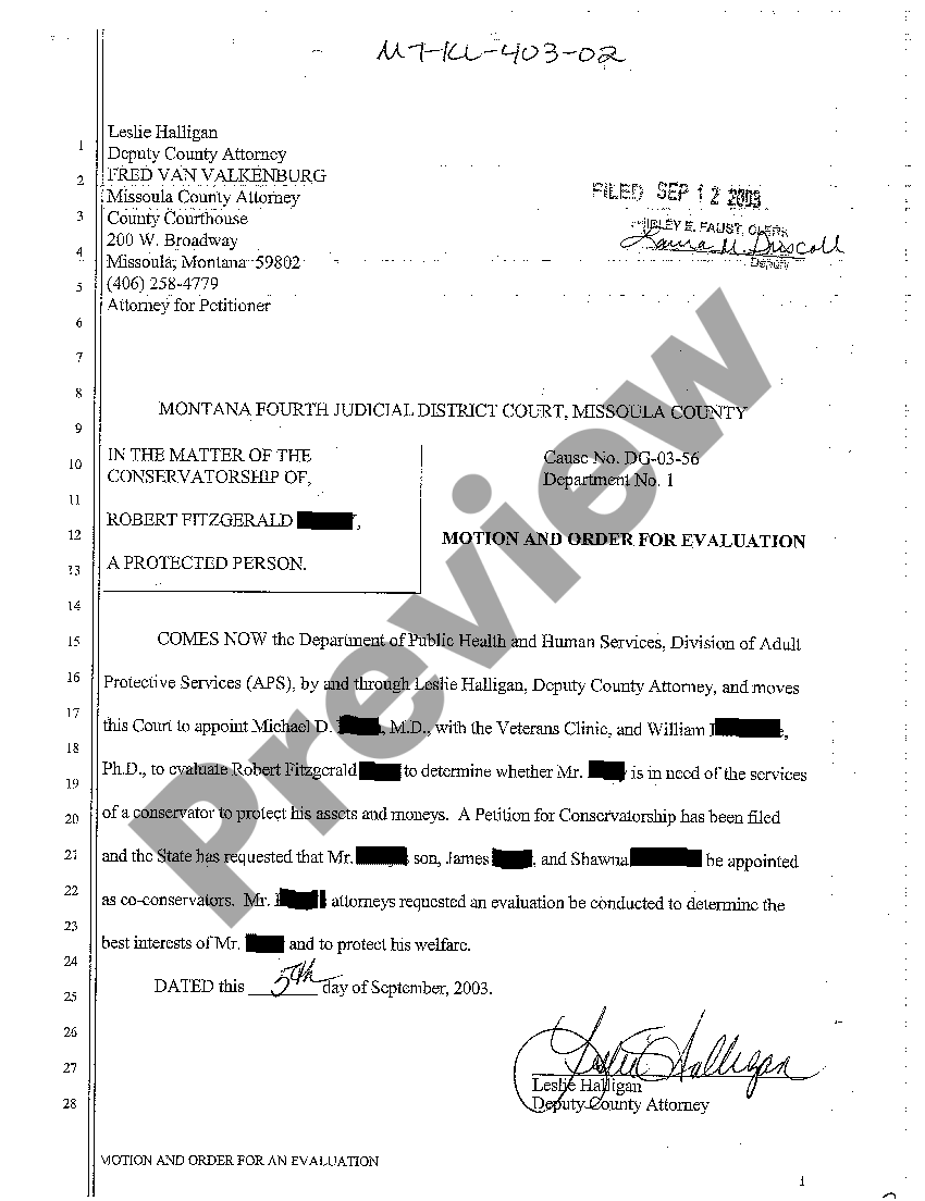 Montana Motion and Order for Evaluation US Legal Forms