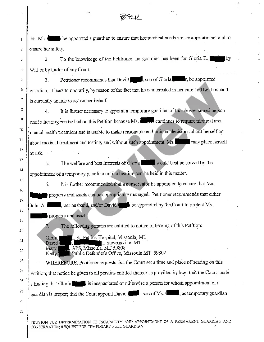 Get A01 Petition for Determination of Incapacity and Appointment of a Full Guardian and Conservator Preview A01 Petition for Determination of Incapacity and Appointment of a Full Guardian and Conservator