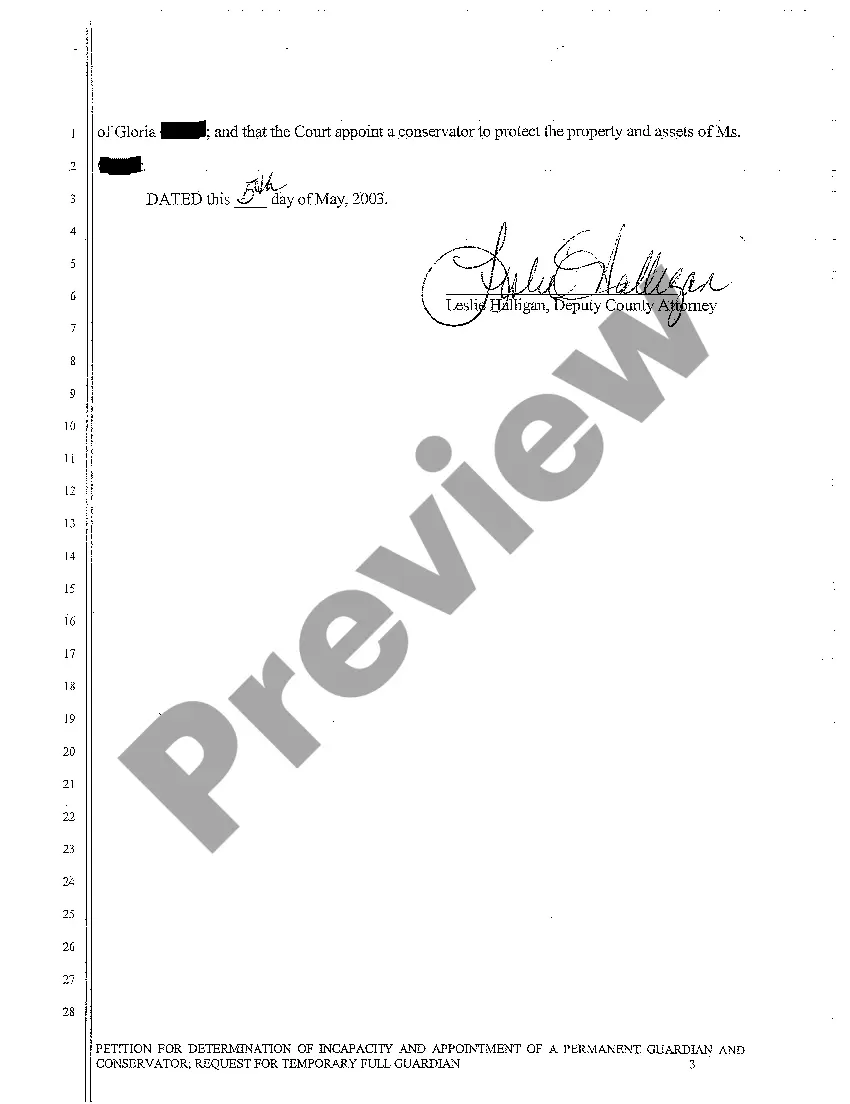 Get A01 Petition for Determination of Incapacity and Appointment of a Full Guardian and Conservator Preview A01 Petition for Determination of Incapacity and Appointment of a Full Guardian and Conservator