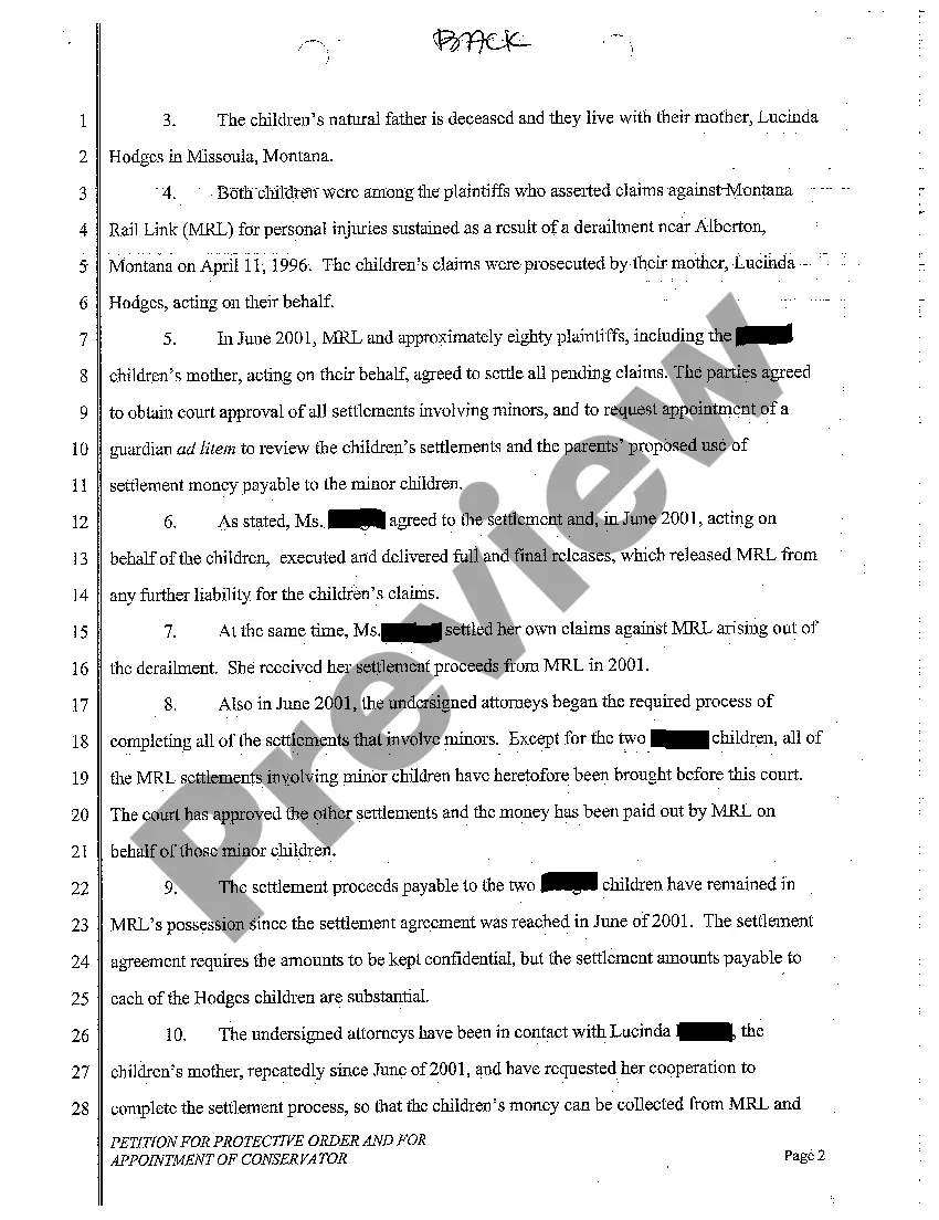 Preview A01 Petition for Protective Order and Appointment of Conservator of Minors for Approval of Settlement From Personal Injury Suit