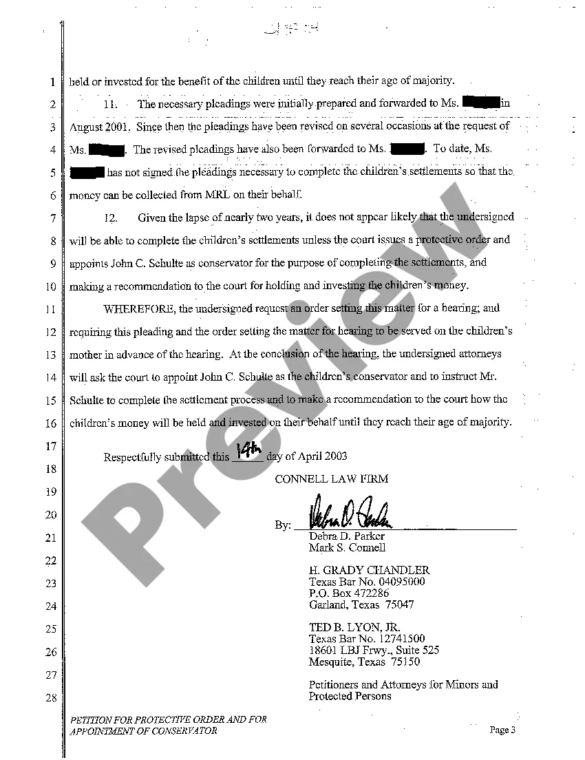 Preview A01 Petition for Protective Order and Appointment of Conservator of Minors for Approval of Settlement From Personal Injury Suit