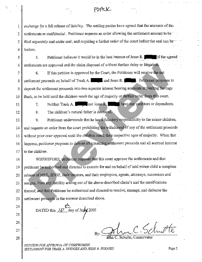 Get A05 Petition for Approval of Compromise Settlement for the Minor Children Preview A05 Petition for Approval of Compromise Settlement for the Minor Children