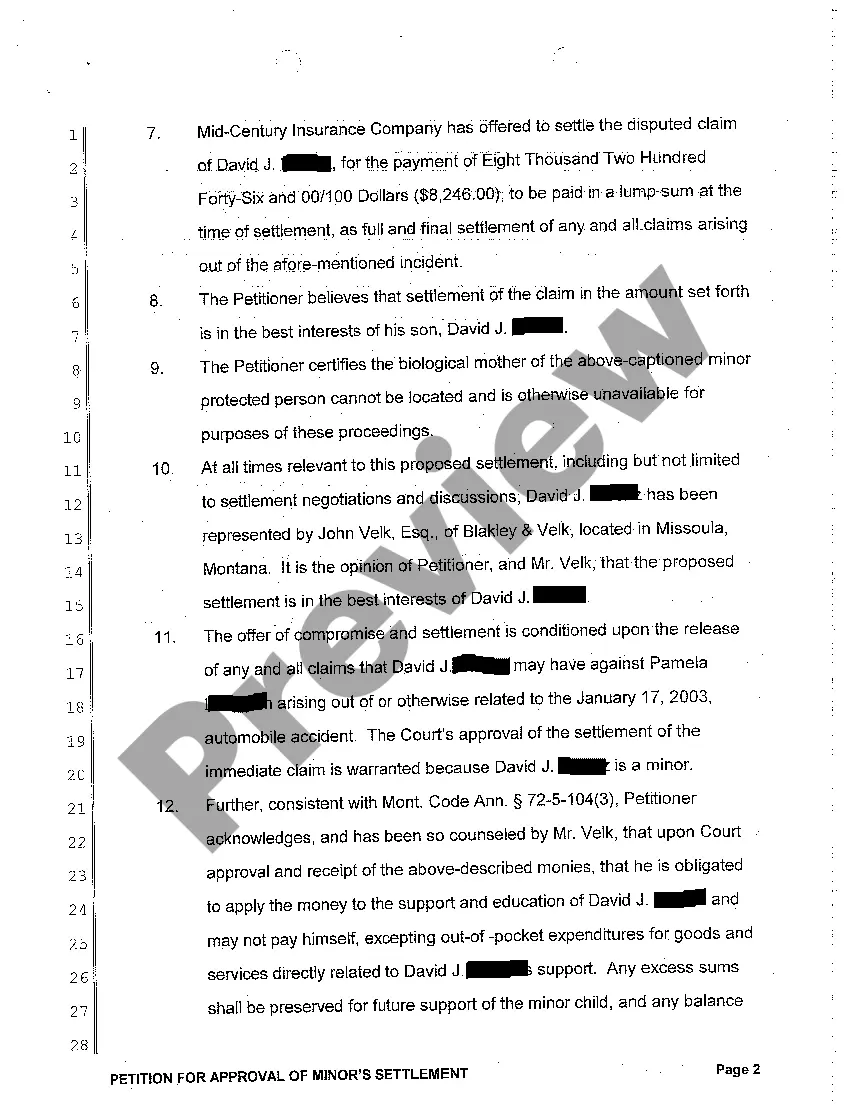 Preview A01 Petition for Approval of Minor's Settlement