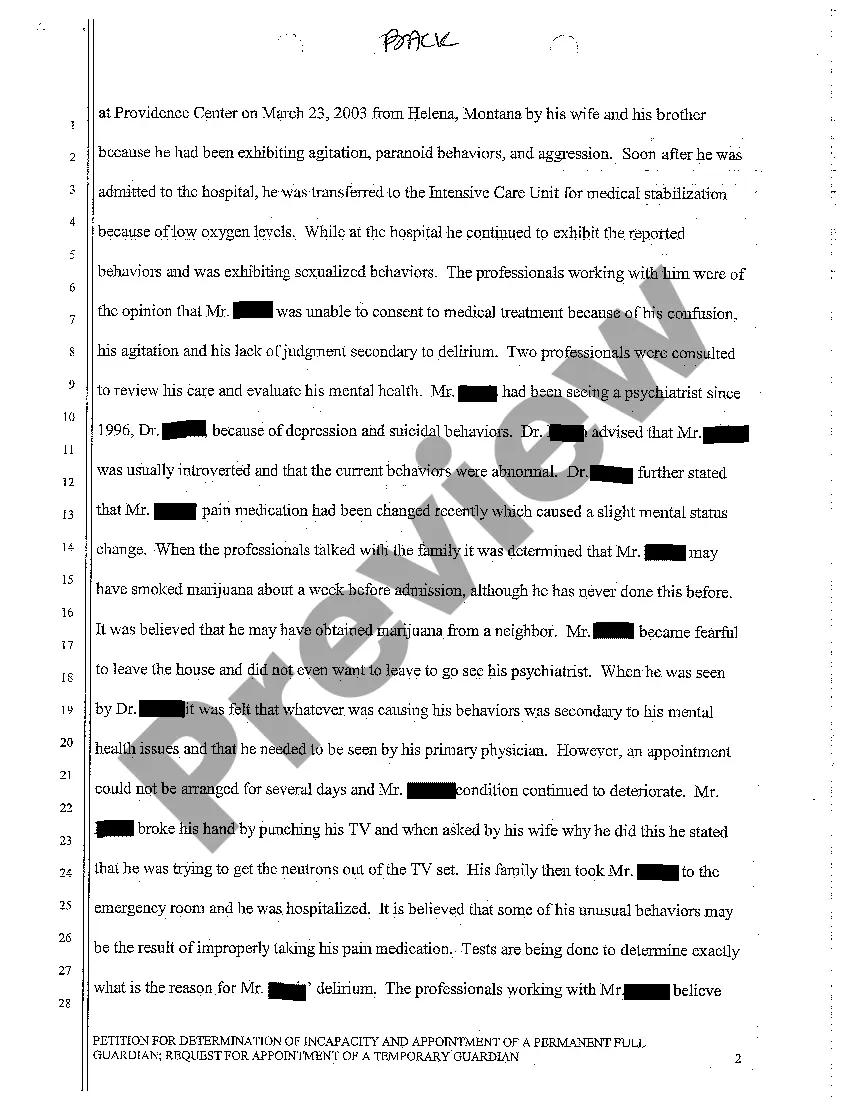 Get A01 Petition for Determination of Incapacity and Appointment of Permanent Full Guardian of Adult with Mental Disturbances Preview A01 Petition for Determination of Incapacity and Appointment of Permanent Full Guardian of Adult with Mental Disturbances
