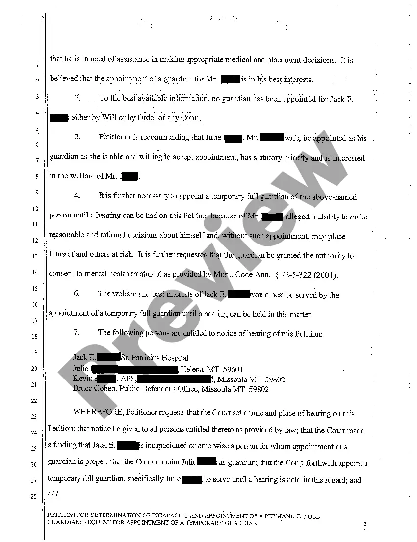 Get A01 Petition for Determination of Incapacity and Appointment of Permanent Full Guardian of Adult with Mental Disturbances Preview A01 Petition for Determination of Incapacity and Appointment of Permanent Full Guardian of Adult with Mental Disturbances