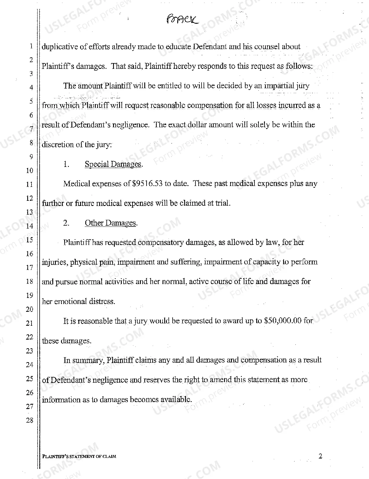 Preview A13 Plaintiff's State of Claim or Damages