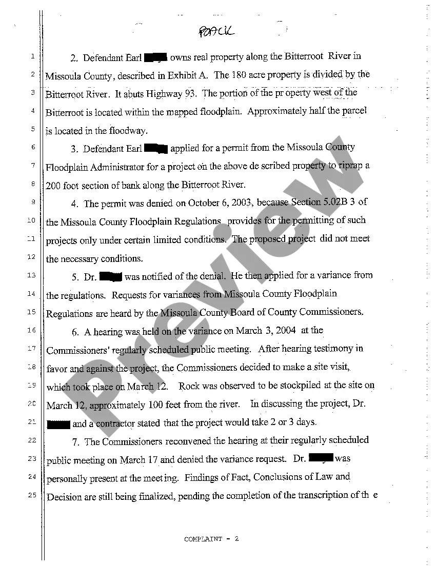 Preview A01 Complaint for Injunction Barring Property Owner From Commencing Unpermitted Development in Floodplain