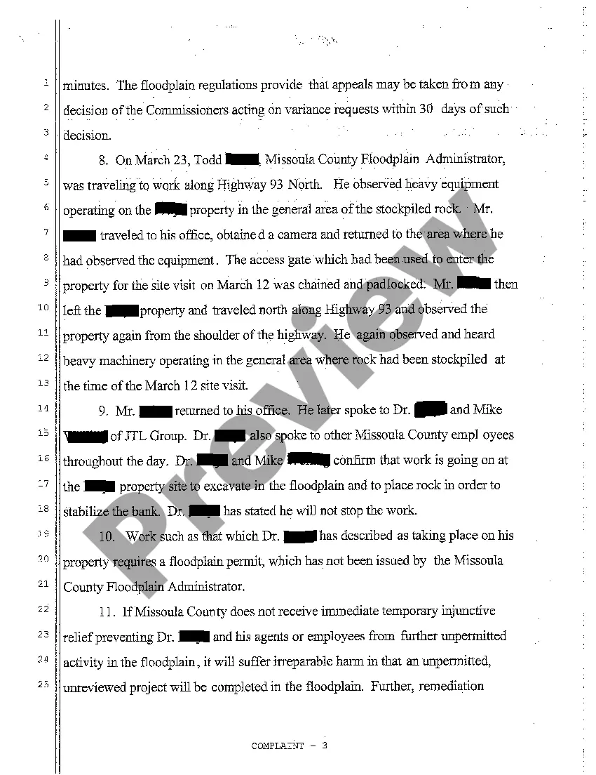 Preview A01 Complaint for Injunction Barring Property Owner From Commencing Unpermitted Development in Floodplain