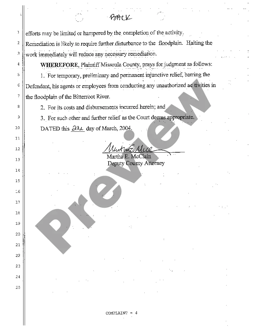 Preview A01 Complaint for Injunction Barring Property Owner From Commencing Unpermitted Development in Floodplain