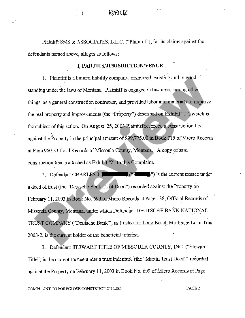 Preview A01 Complaint to Foreclose Construction Lien and for Other Relief