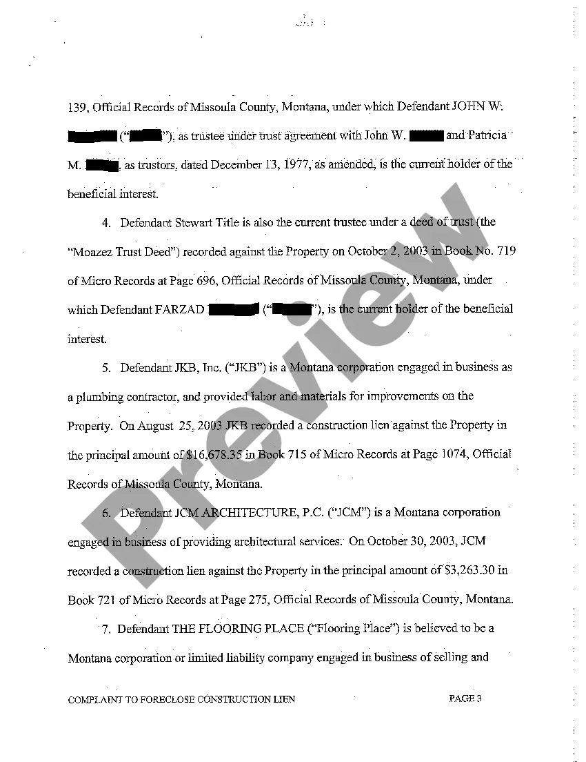 Preview A01 Complaint to Foreclose Construction Lien and for Other Relief