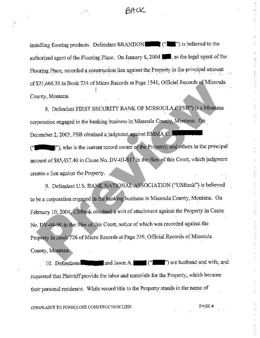 Preview A01 Complaint to Foreclose Construction Lien and for Other Relief