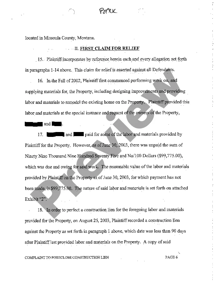 Preview A01 Complaint to Foreclose Construction Lien and for Other Relief