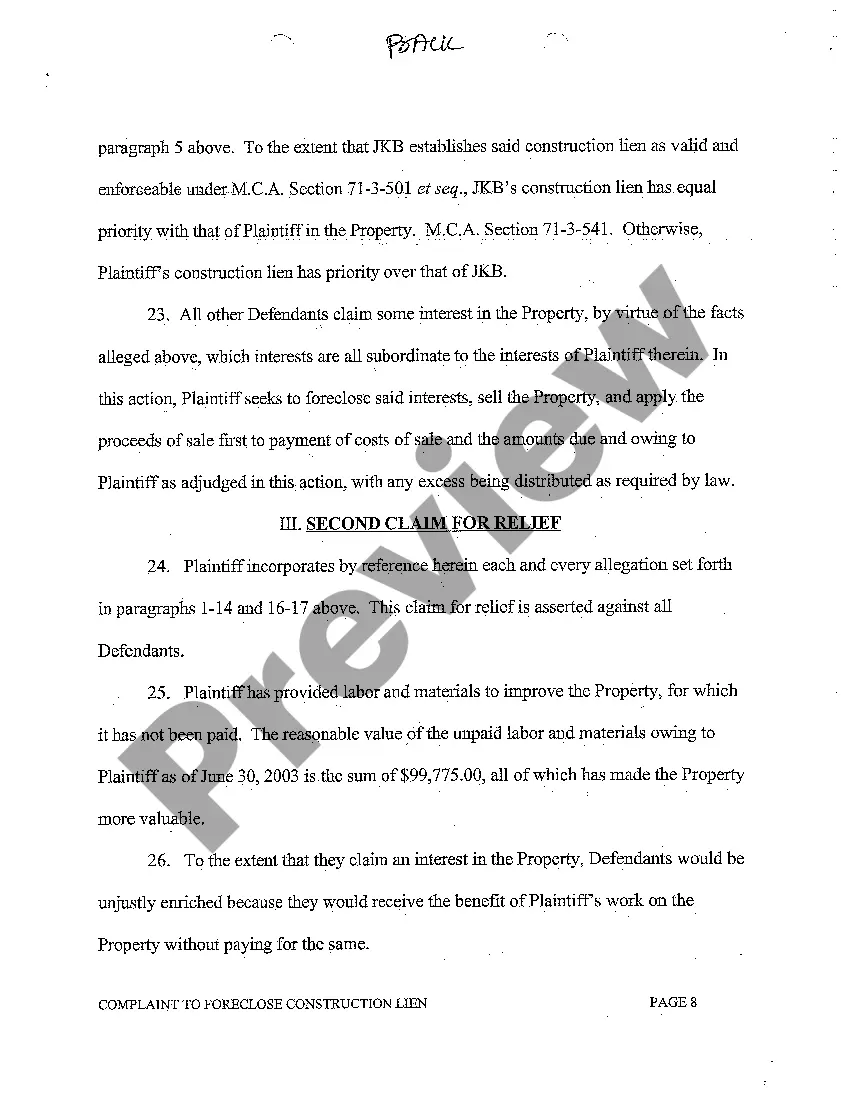 Preview A01 Complaint to Foreclose Construction Lien and for Other Relief
