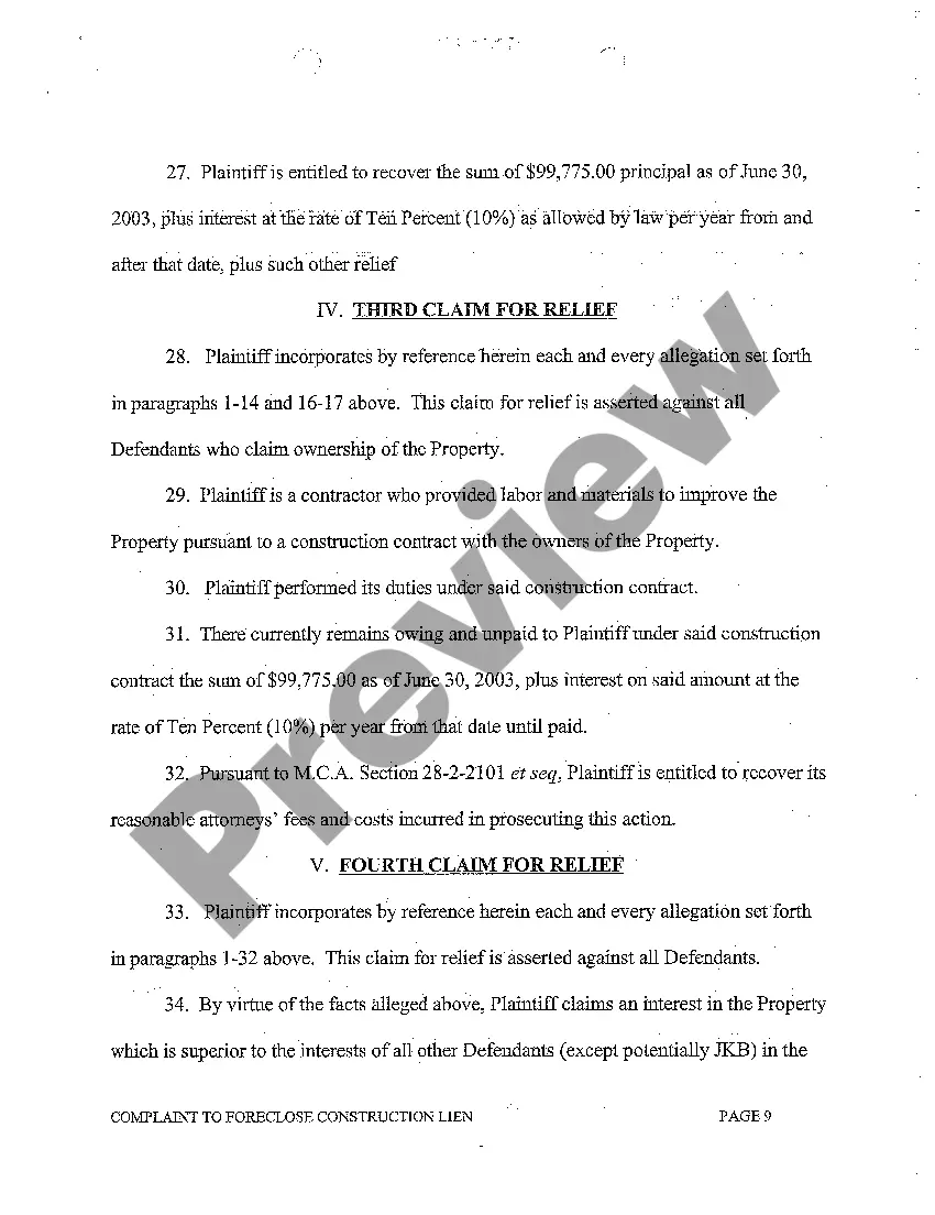 Preview A01 Complaint to Foreclose Construction Lien and for Other Relief