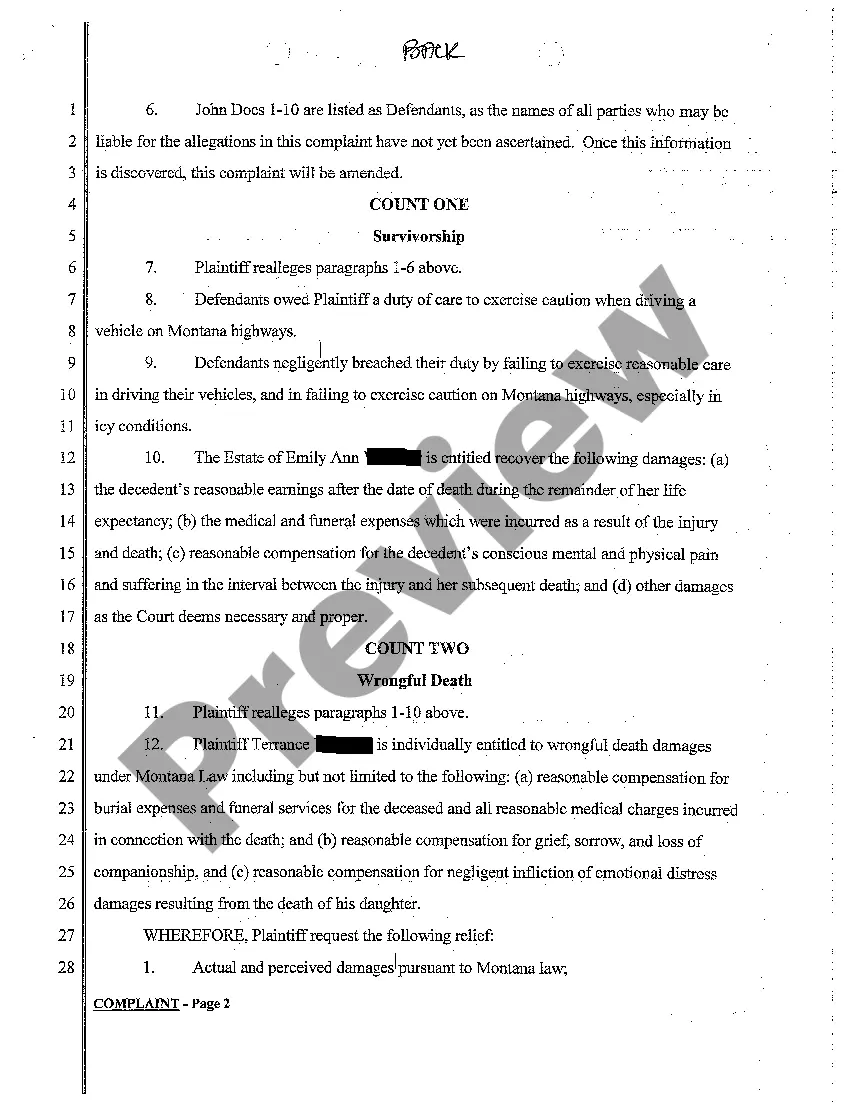 Preview A01 Complaint for Wrongful Death Due to Motor Vehicle Accident