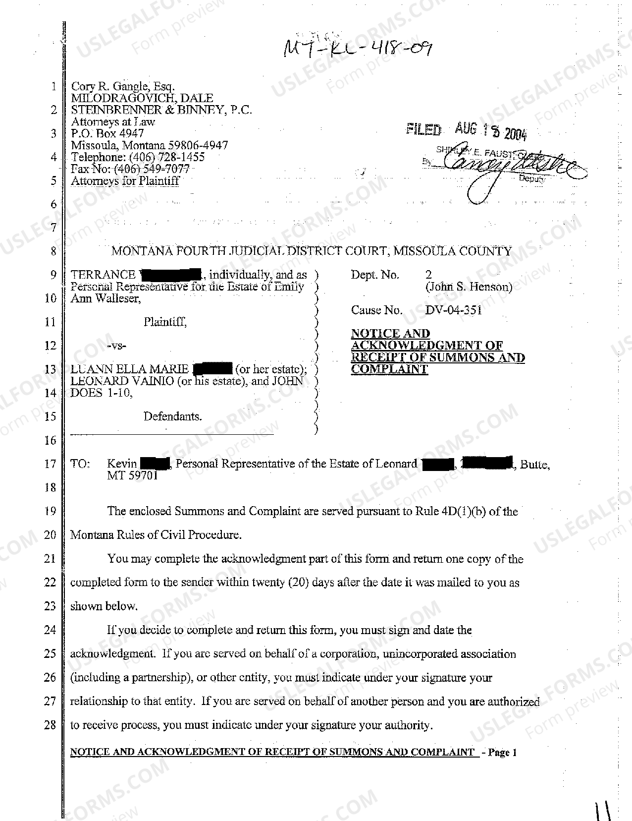 Montana Notice and Acknowledgment of Receipt of Summons and Complaint ...